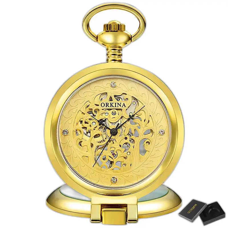 Luxe gouden mechanisch skeletzakhorloge, antiek goud en versierde skeletzak