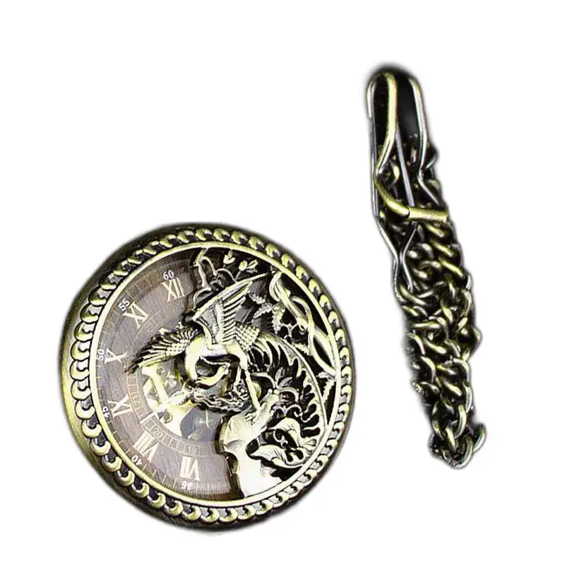 Phoenix skeleton roestvrijstalen zakhorloge met sierlijke bronzen ketting