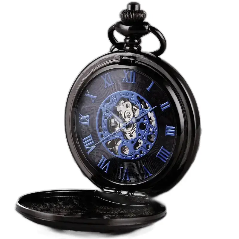 Steampunk dubbel Demi Hunter chic zakhorloge met blauwe Romeinse cijfers