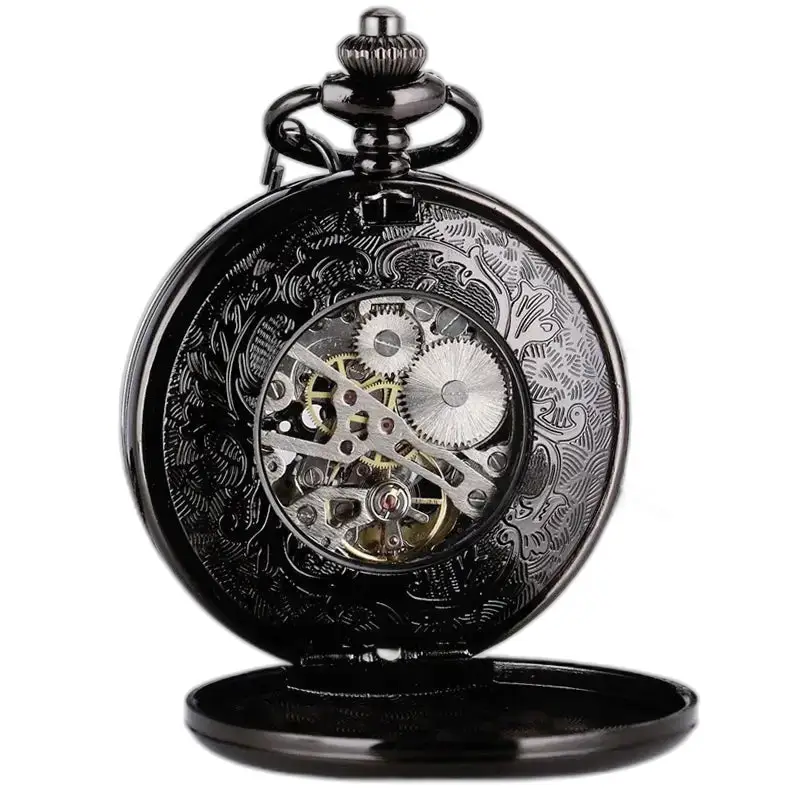 Chique Steampunk Double Demi Hunter zakhorloge met een elegante zwarte achtergrond