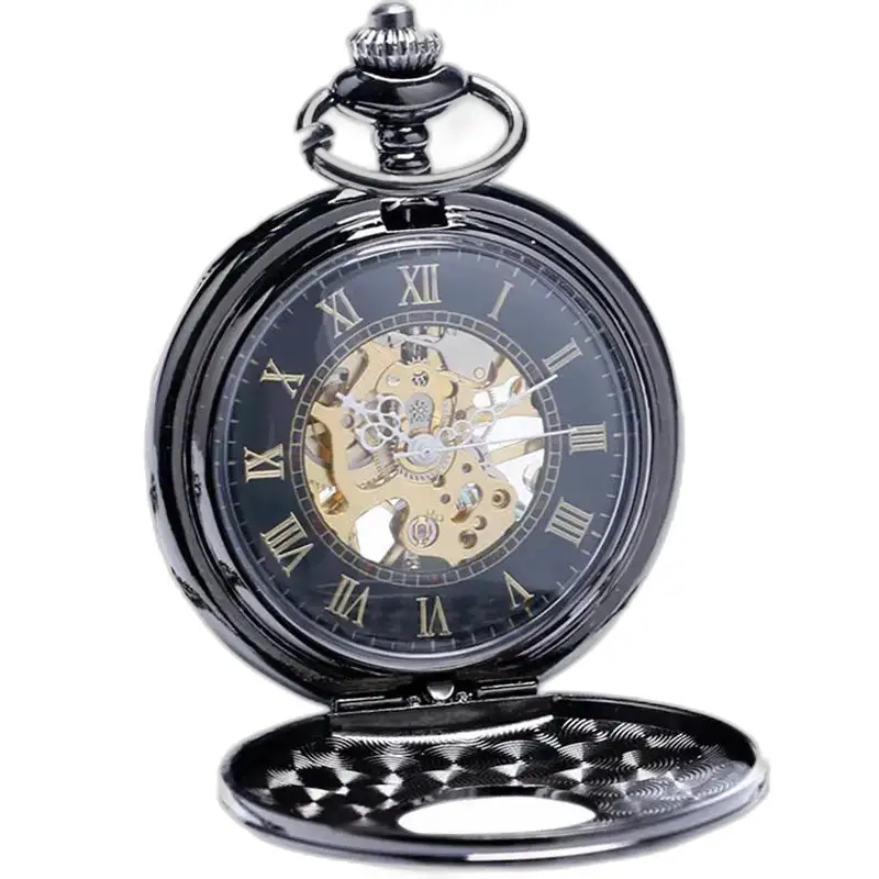 Steampunk Luxe zwart zakhorloge in elegante doos