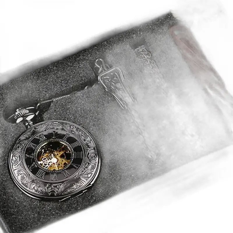 Luxe steampunk zilveren zakhorloge met ketting in elegante horlogebox