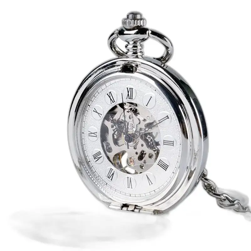 Zilverkleurig zakhorloge met zichtbaar mechanisme, chique dubbele flap-stijl voor heren