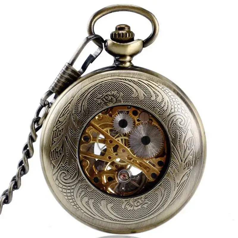 Vintage stijl sierlijk bronzen zakhorloge met zichtbaar mechanisme