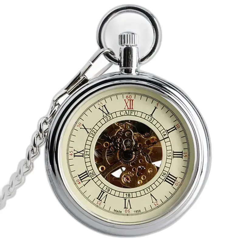 Elegant en klassiek vintage automatisch zilveren zakhorloge
