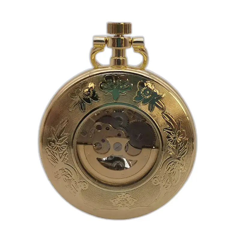 Vintage zakhorloge met open wijzerplaat, automatisch opwindbaar in goud met bloemengravures