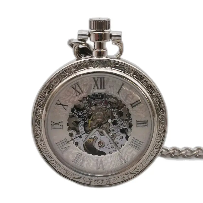 Vintage zakhorloge met open wijzerplaat en mechanische zak in zilver