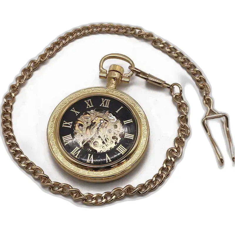 Vintage gouden zakhorloge met ketting en open wijzerplaat, mechanische zak