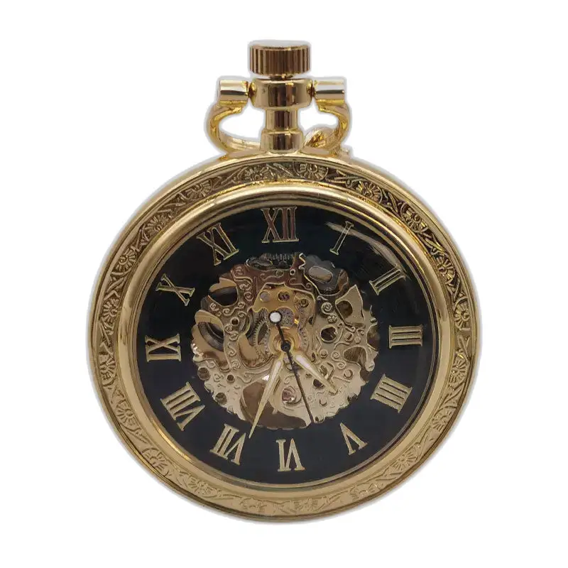 Vintage zakhorloge met open wijzerplaat, automatisch opwindbaar in goud met mechanische zak