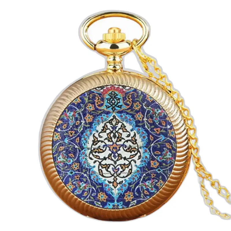 Vintage zakhorloge met rode en gouden bloemen en blauw en goud bloemmotief