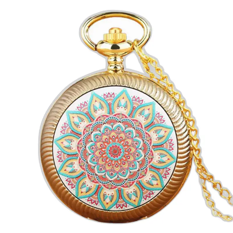 Vintage zakhorloge met rode en gouden bloemen en gouden mandala-ontwerp