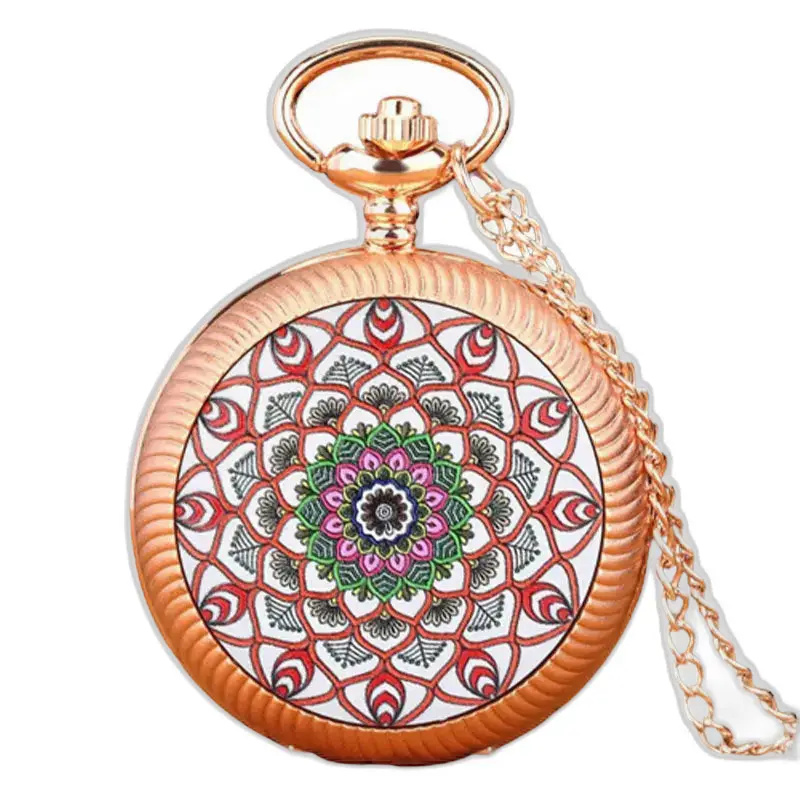 Vintage zakhorloge met rode en gouden bloemen, elegante ketting en bloemmotief