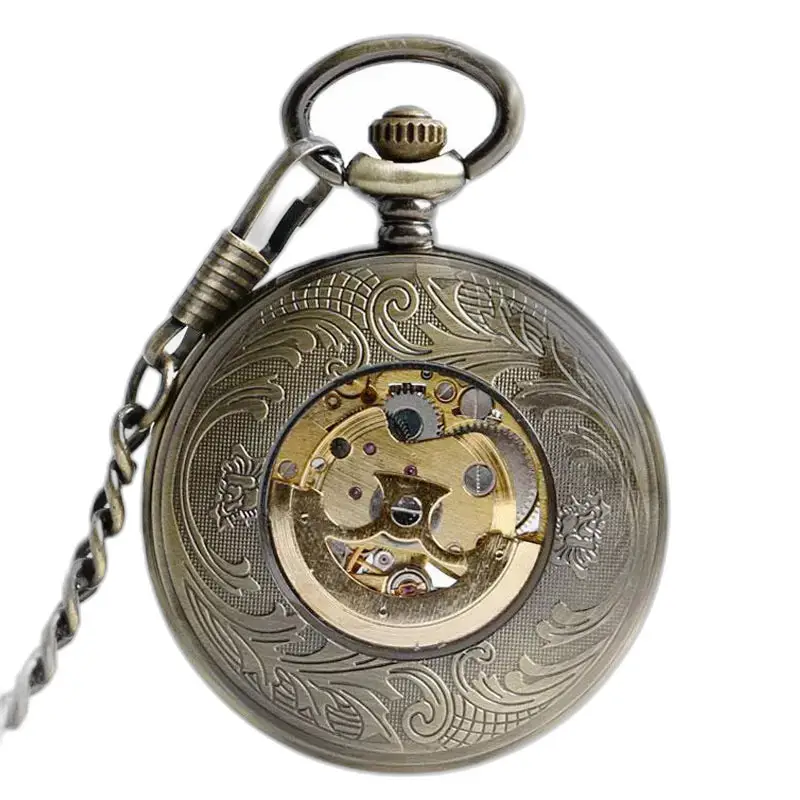 Antiek sierlijk bronzen zakhorloge met zichtbaar mechanisme