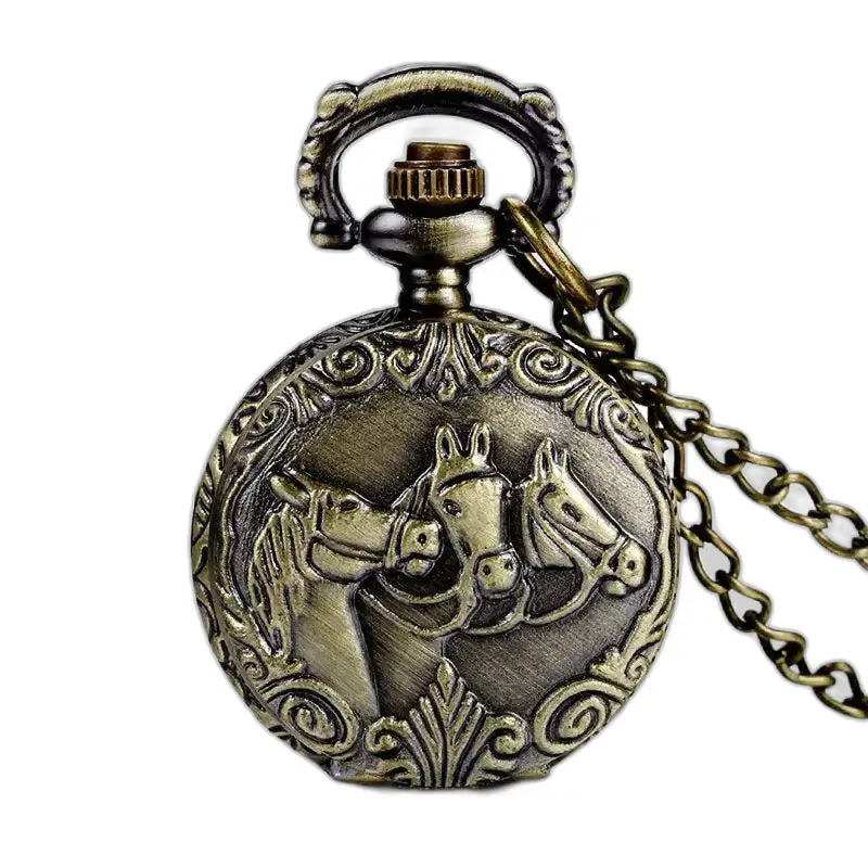Vintage paarden bronzen zakkettinghorloge met paardenmotief
