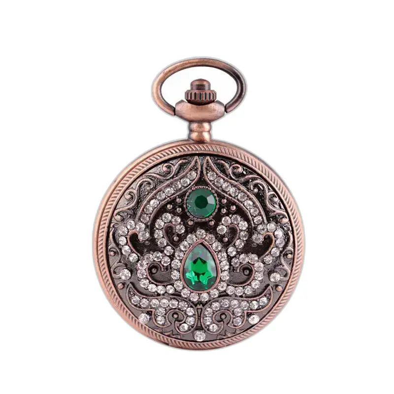 Quartz kettinghorloge versierd met groene en heldere edelstenen in brons