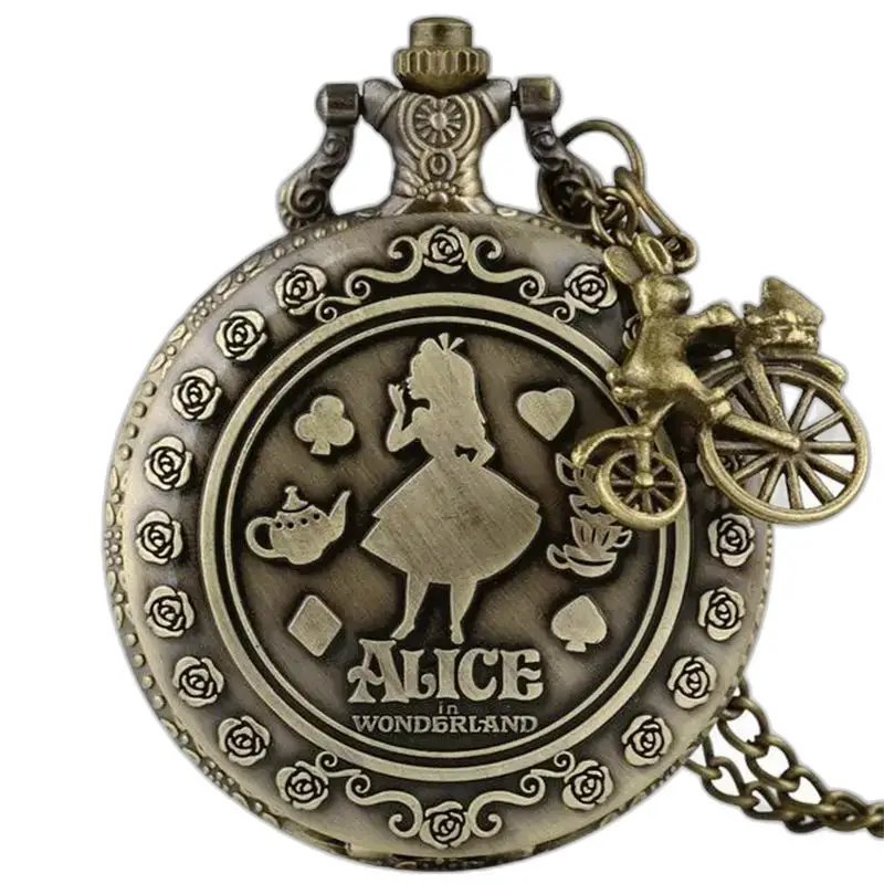 Vintage Alice kettinghorloge met zakhorloge en konijn op fietsbedel
