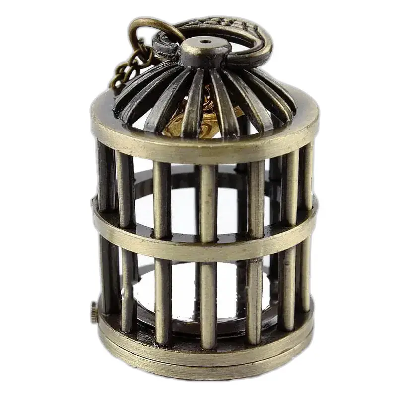 Bronzen Spider kettinghorloge met stalen armband en bronzen vogelkooihanger
