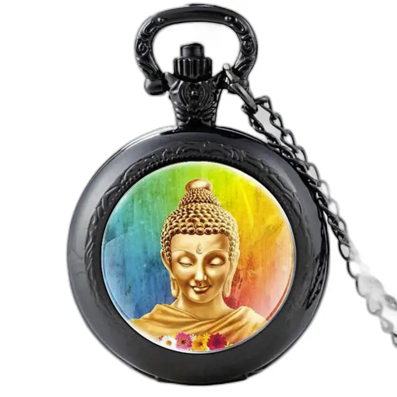 Vintage Zen aquarel Boeddha kettinghorloge met Boeddha afbeelding op zwarte achtergrond