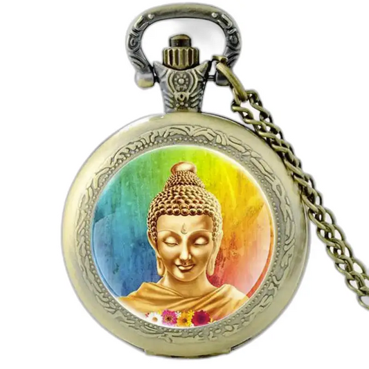 Vintage aquarel Zen Boeddha kettinghorloge met ketting en rustgevend ontwerp