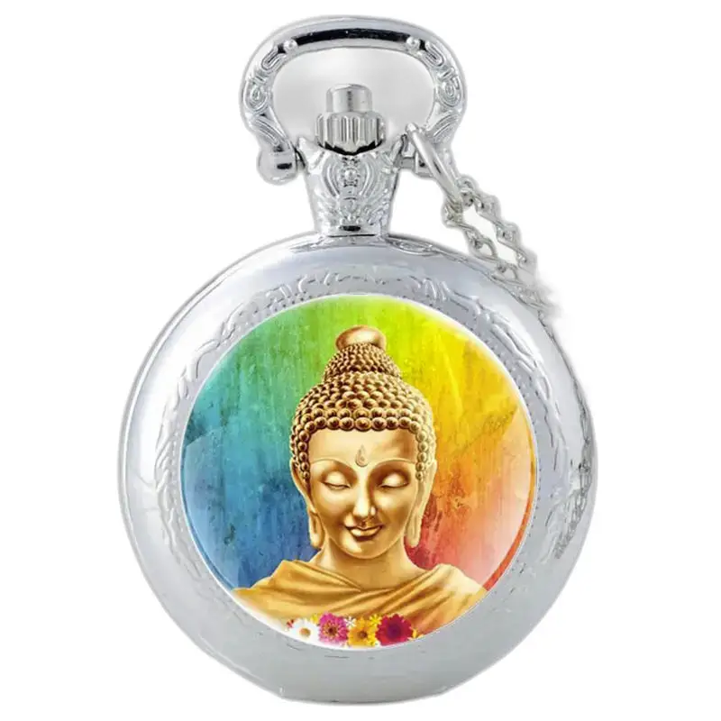 Vintage Zen Boeddha kettinghorloge aquarel met Boeddha-afbeelding in zilver