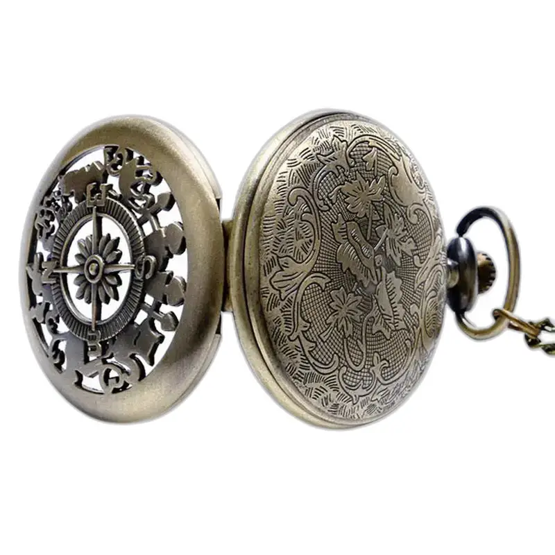 Vintage stijl kompas kettinghorloge voor heren dames met sierlijk bronzen zakhorloge