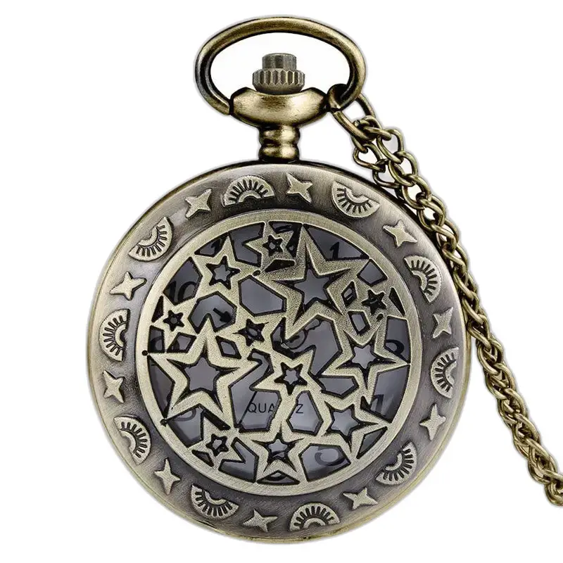 Bronzen kettinghorloge met sterpatroon en ketting, vrouwelijke retrostijl