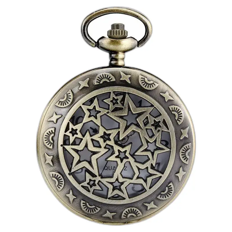 Retro vijfsterren bronzen dameskettinghorloge met bronzen sterpatroon