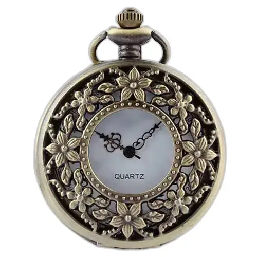 Vintage dames bronzen bloemenkettinghorloge met bronzen bloemengravures