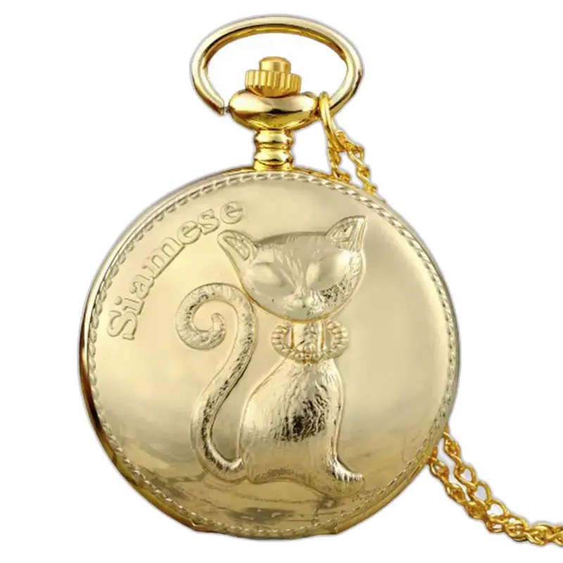 Fancy Gold Chinese Cat Necklace Watch met kattenontwerp op elegant kettinghorloge
