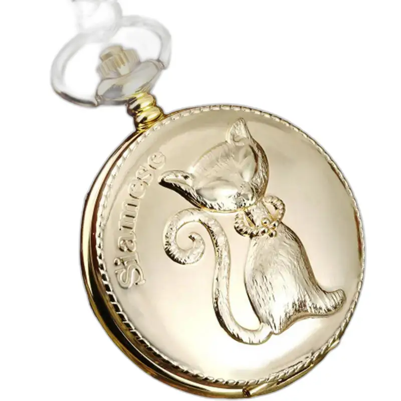 Fancy Gold Chinese Cat Necklace Watch, kattenkettinghorloge met elegant katachtig ontwerp