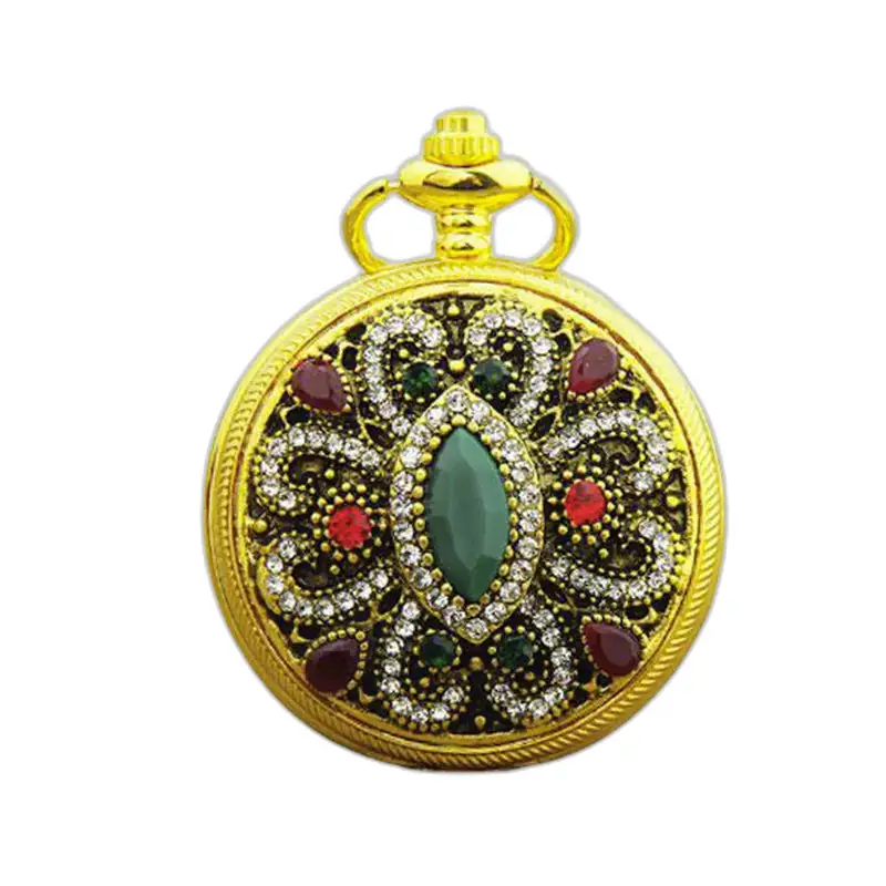 Chique gouden kettinghorloge versierd met elegante edelstenen en edelstenen