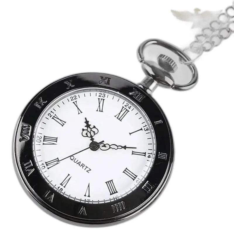 Klassiek vintage zwart herenkettinghorloge voor dames met zilveren ketting en wijzerplaat