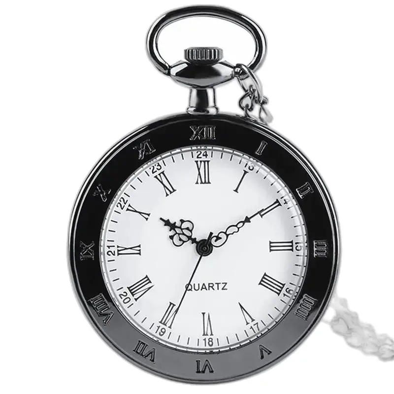 Klassiek vintage zwart kettinghorloge voor dames en heren met elegant zilveren zakhorloge