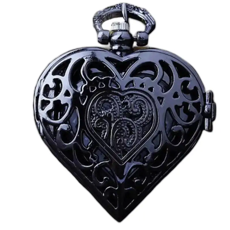Vintage zilveren bronzen hartkettinghorloge met elegant zwart filigraanontwerp