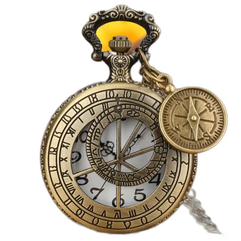 Sierlijk bronzen kompaskettinghorloge met kompascharme en quartzhorloge