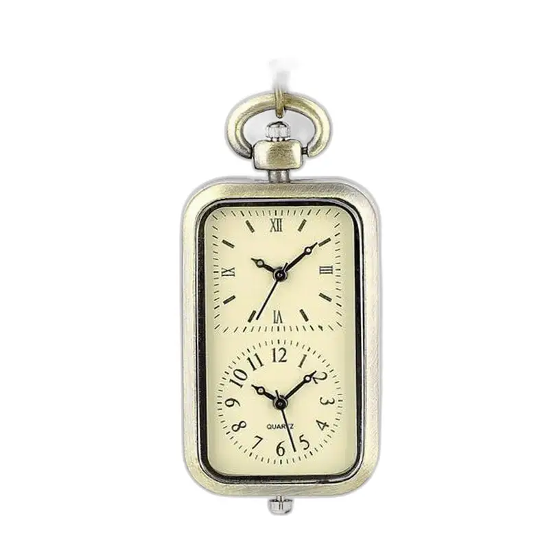 Vintage bronzen dubbele kettinghorloge voor mannen en vrouwen met rechthoekige wijzerplaat