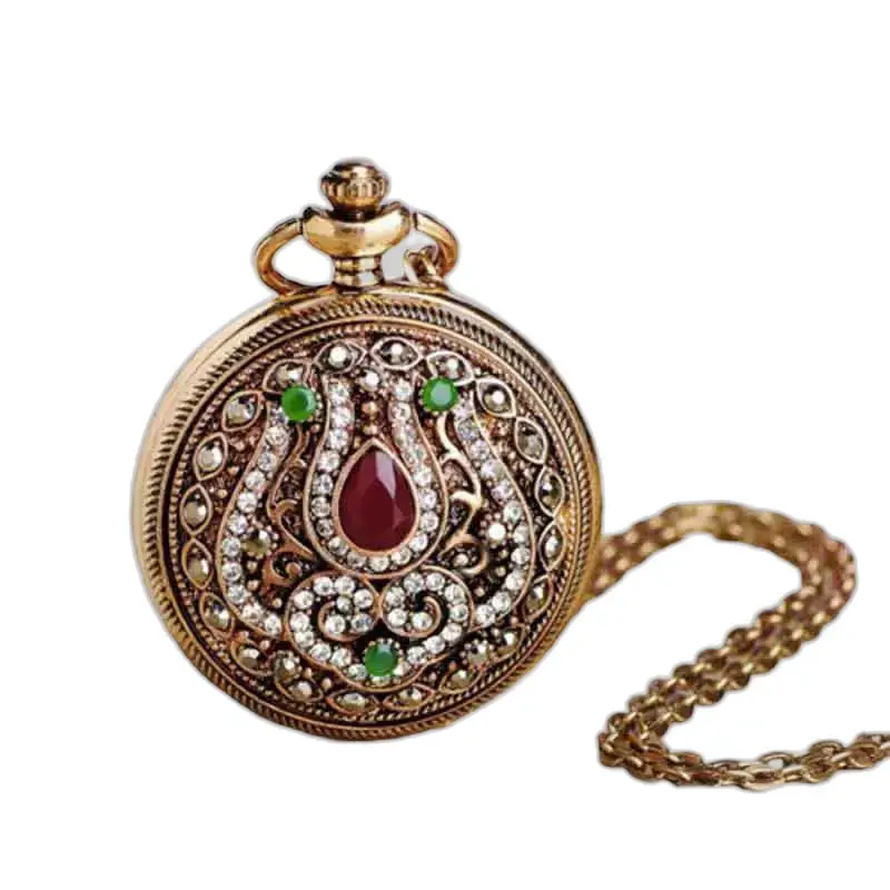 Gouden dameskettinghorloge versierd met edelstenen met elegante ketting