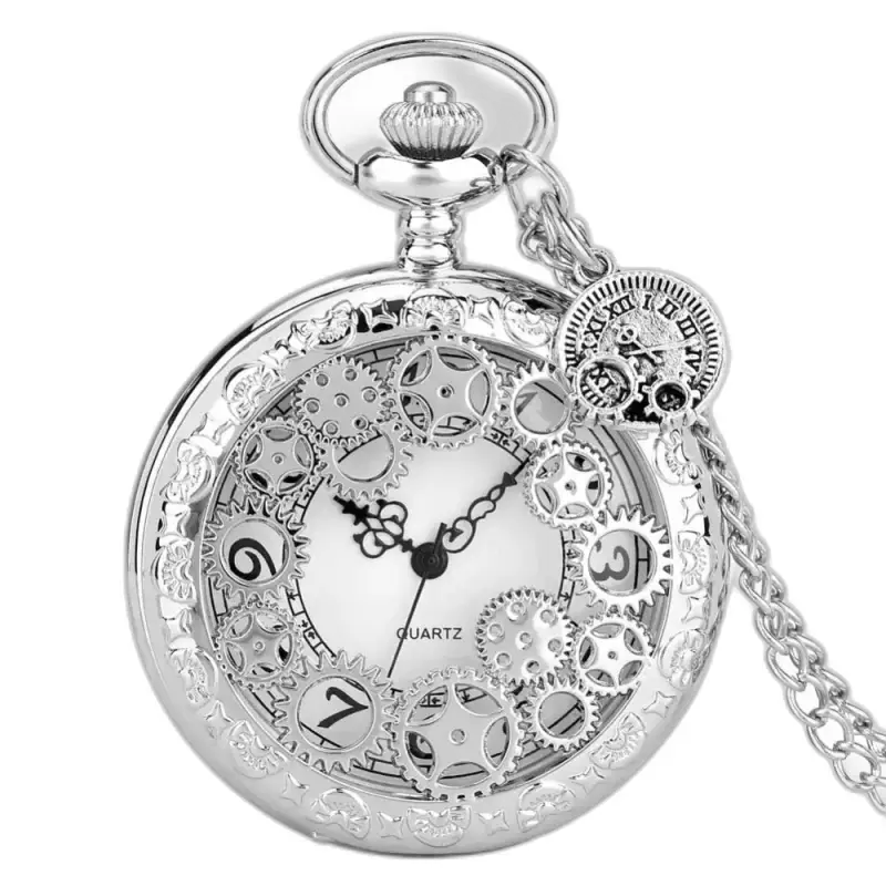 Dameskettinghorloge Steampunk Quartz Stripped Wheel Zilver met zilveren zakhorloge