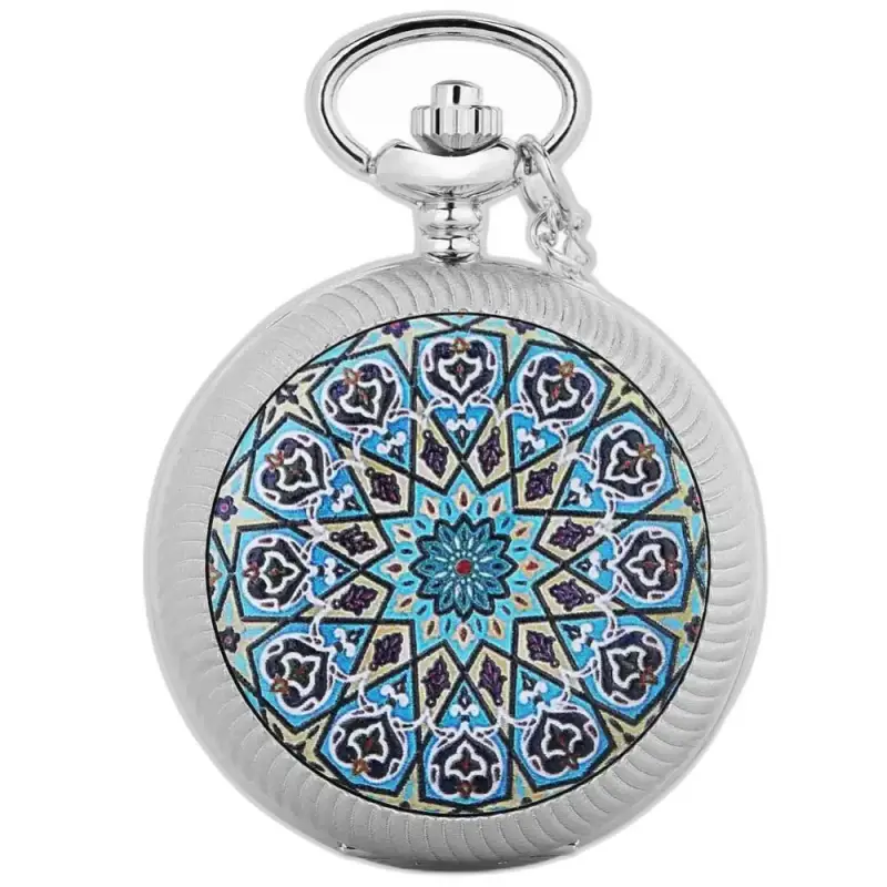 Chique blauw mandala-bloemkettinghorloge met een kleurrijk geometrisch patroon in zilver