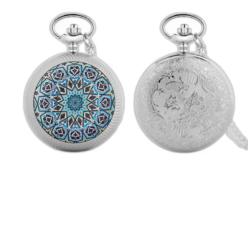 Twee zilveren zakhorloges met een Chic Blue Mandala Flower ketting