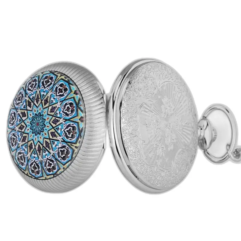 Chique Mandala Blue Flower kettinghorloge met een prachtig zilveren zakhorloge