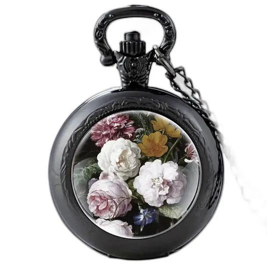 Vintage Charmeuses bloemen kettinghorloge voor dames heren met zwarte bloemenklok