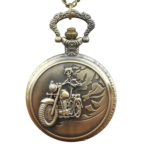 Harley Davidson kettinghorloge in brons met skeleton biker-design, analoog display