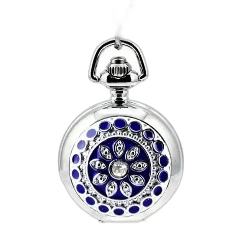 Harmonie kettinghorloge met blauw bloemmotief op zilveren zakhorloge