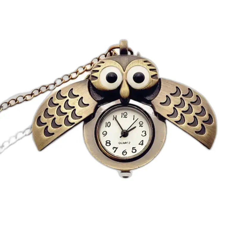 Vintage zwart bronzen uil hanger kettinghorloge met elegant uilenontwerp