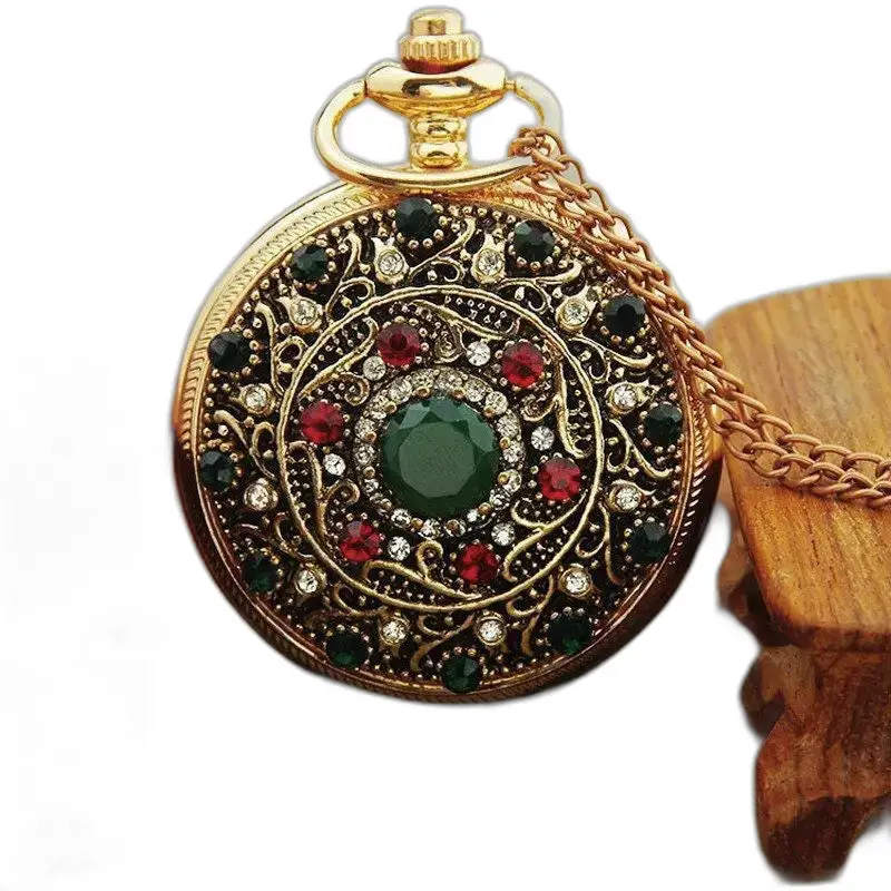Jewelled Chic gouden kettinghorloge voor dames, kettinghorloge met gouden horloge versierd met kleurrijke juwelen