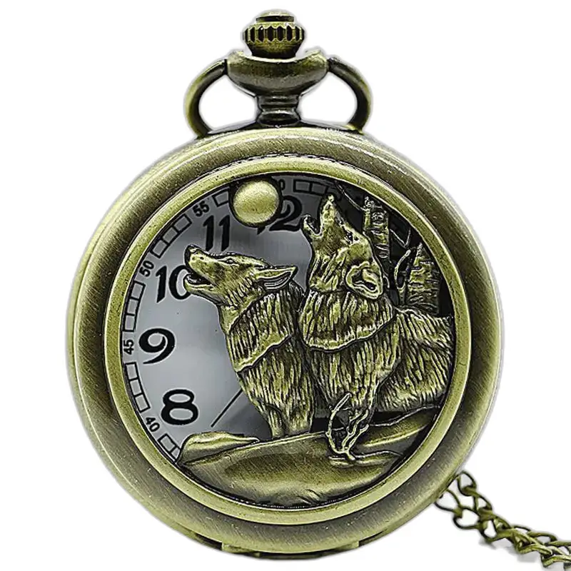 Vintage Volle Maan Wolf kettinghorloge met bronzen Wolf kettinghorloge