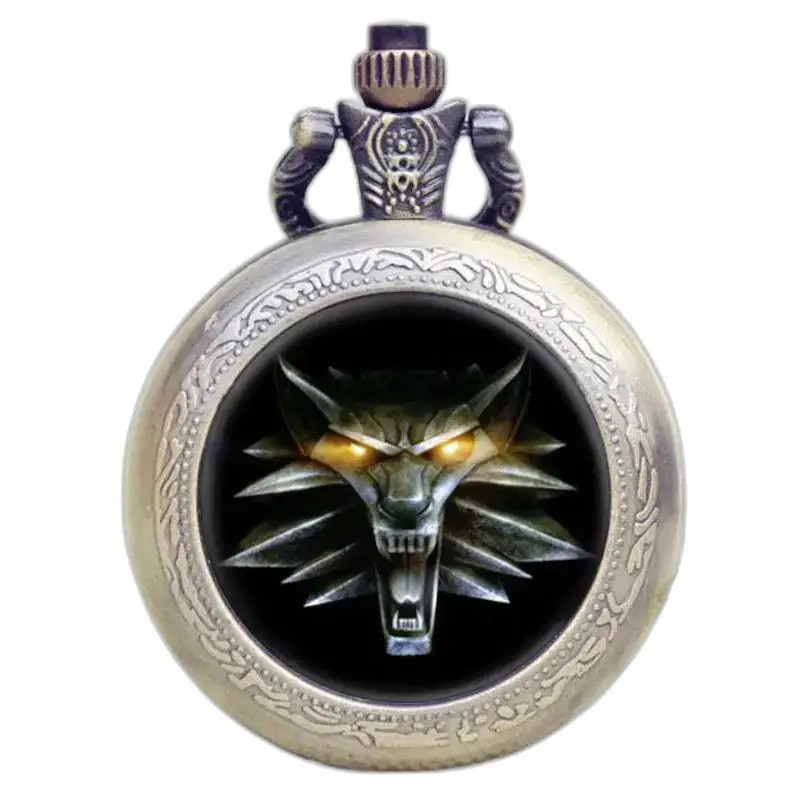 Metallic Wolf-halskettinghorloge met bronzen zak met beschermende flap versierd met een wolf