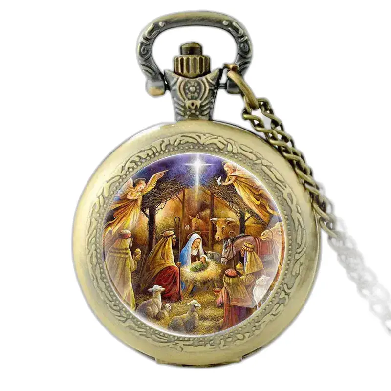 Geboorte van Jezus Vintage dameskettinghorloge met kerststal