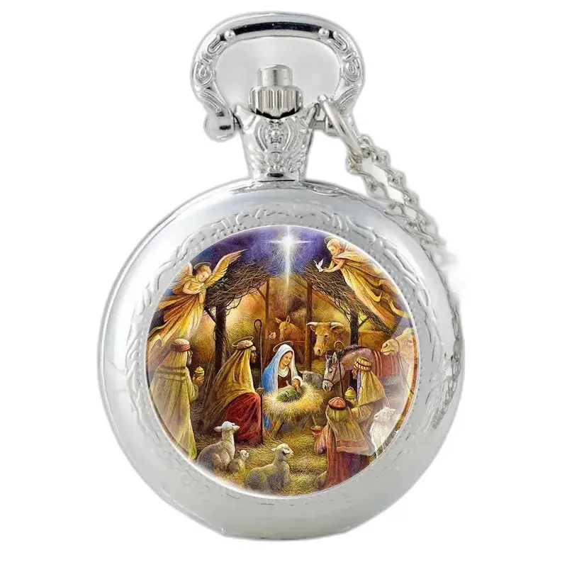 Vintage kettinghorloge met kerststal in een elegant vrouwelijk design